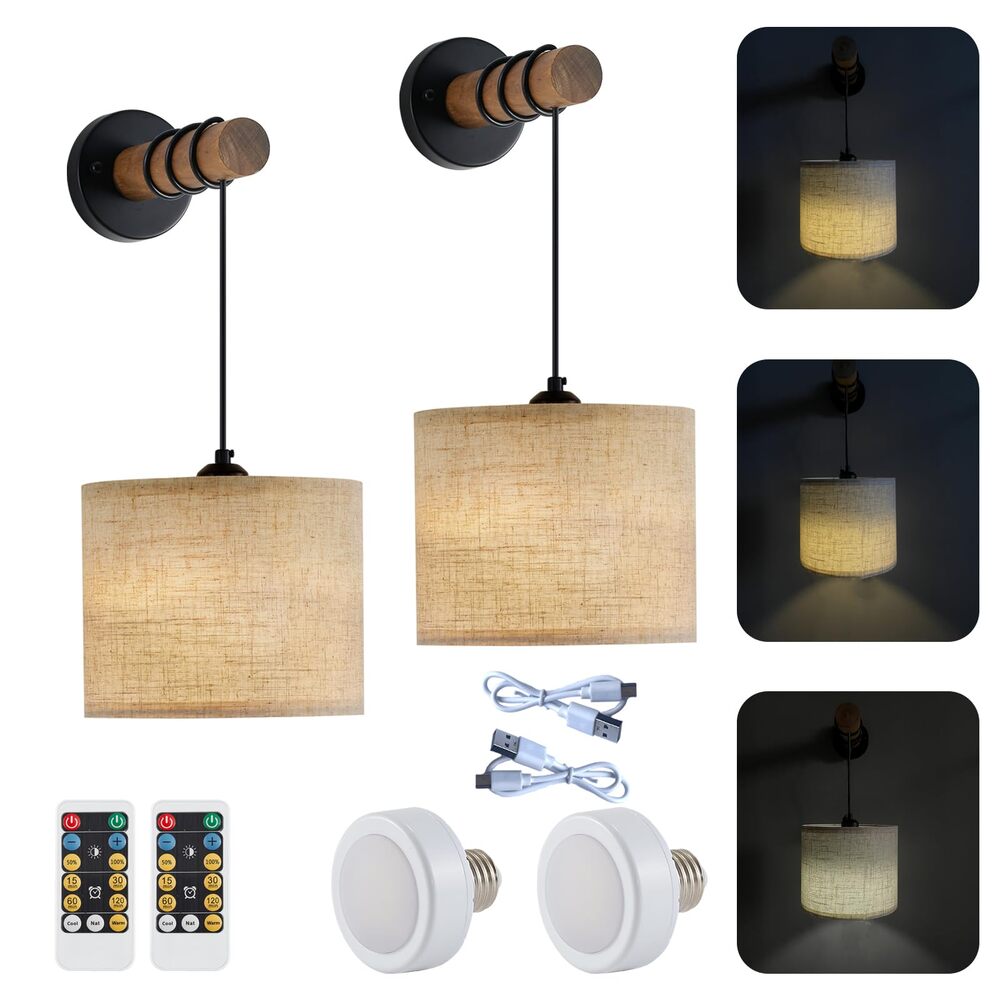 Rechargeable Boho Wall Sconces Set of 2 Remote Dimmable Linen Wireless